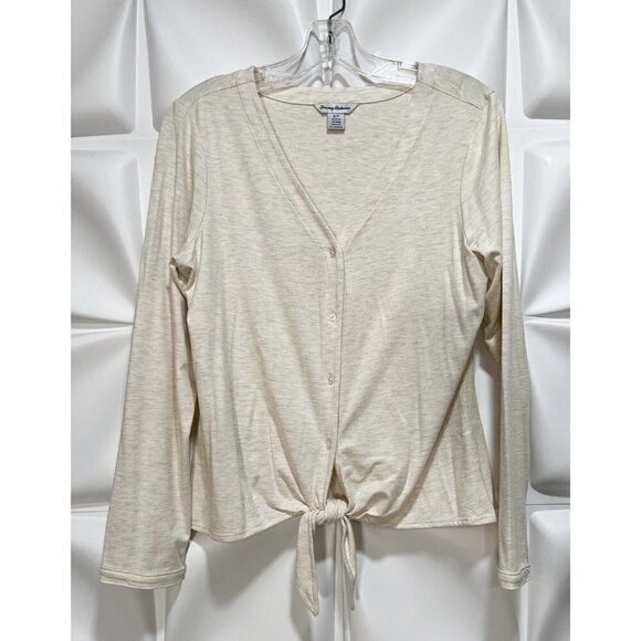 Tommy Bahama Sz S Heathered Sand Beige Tie Front Knot Button Up Top V Neck Tee - Picture 2 of 6